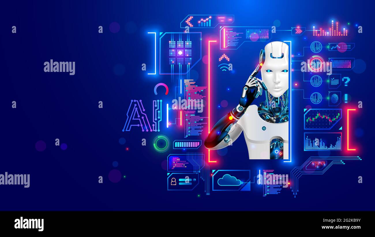 AI. Artificial intelligence. Robot or cyborg looking at virtual HUD interface. Machine learning concept. Modern tech frame for text, picture in Stock Vector