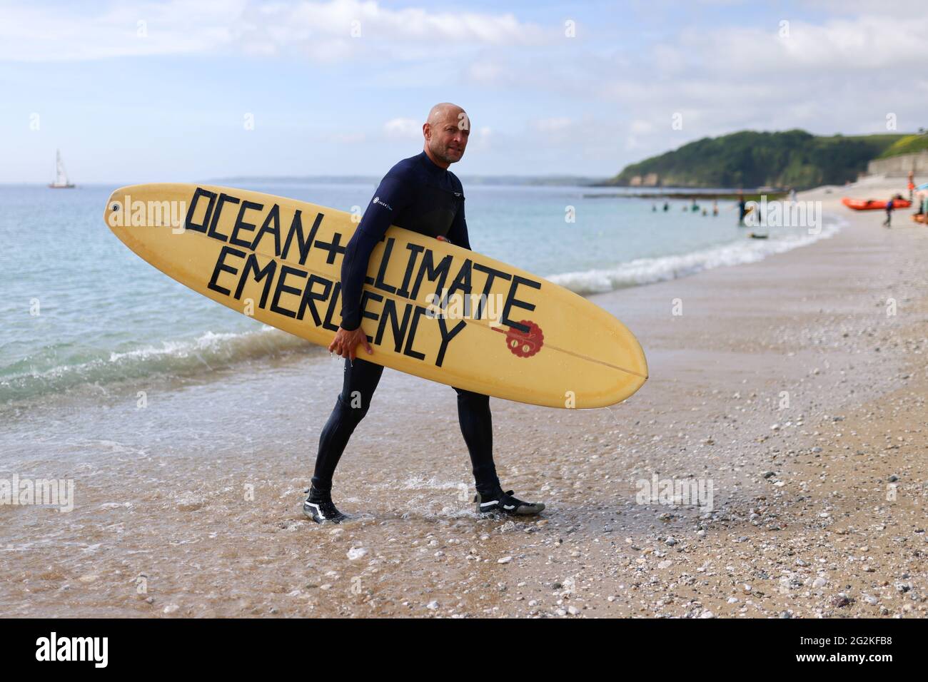 Hugo Tagholm, Chief Executive of the marine conservation and campaigning charity Surfers Against Sewage, poses for a photo, in Gyllyngvase beach, Falmouth, on the sidelines of G7 summit in Cornwall, Britain, June 12, 2021. REUTERS/Tom Nicholson Stock Photo