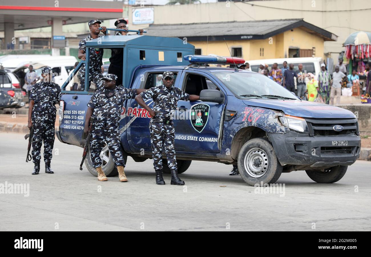 Police officers stand by during a June 12 Democracy Day protest at the Gani  Fawehinmi Park, in Ojota, Lagos, Nigeria June 12, 2021. REUTERS/Temilade  Adelaja Stock Photo - Alamy