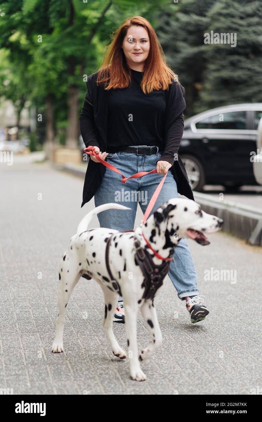 View of young Caucasian female cynologist walking at city urbanity during morning time for training dalmatian dog, plus size female spending leisure with pet best friend enjoying weekend at street Stock Photo