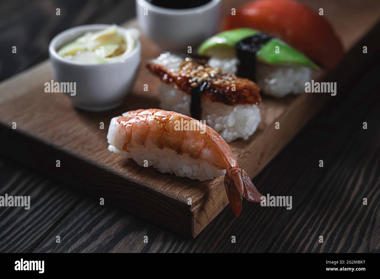 Traditional Japanese Dish Nigiri Sushi. Made from rice and raw prawn
