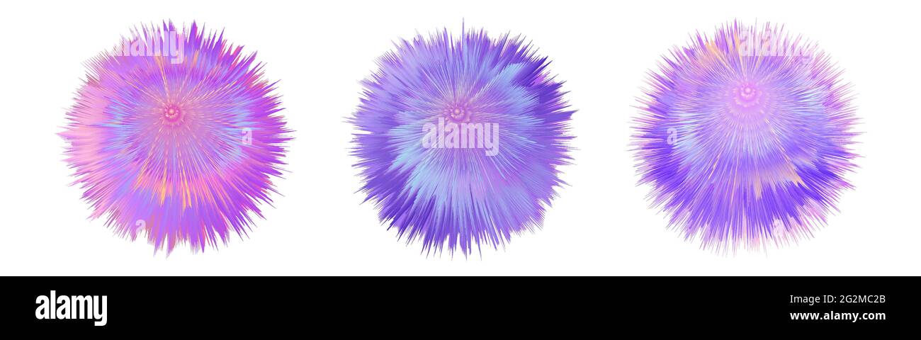 Fur colorful pompoms. Fluffy  ball  with furry texture. Rainbow holographic colors, pink and purple. Set off isolated objects on white background. Vec Stock Vector