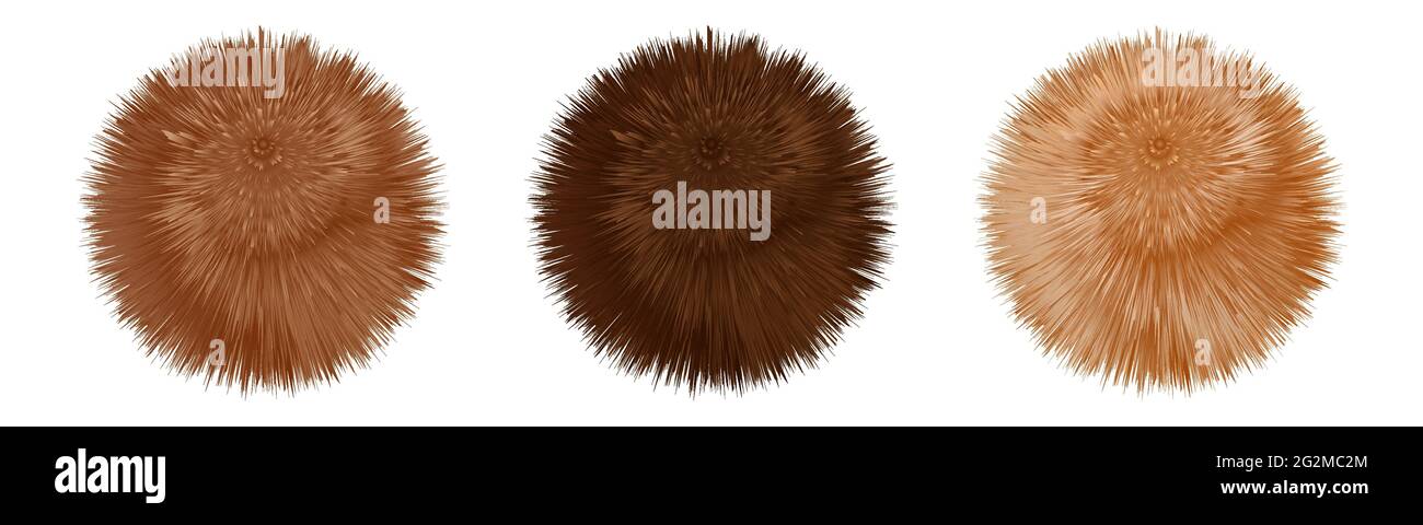 Fur pompoms. Brown and beige fluffy furry balls, set of realistic 3d objects isolated on white background.   Shaggy downy texture. Vector illustration Stock Vector