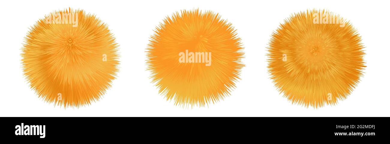Fur pompom. Fluffy furry orange balls. Shaggy downy texture. Set of isolated icons. Vector illustration Stock Vector