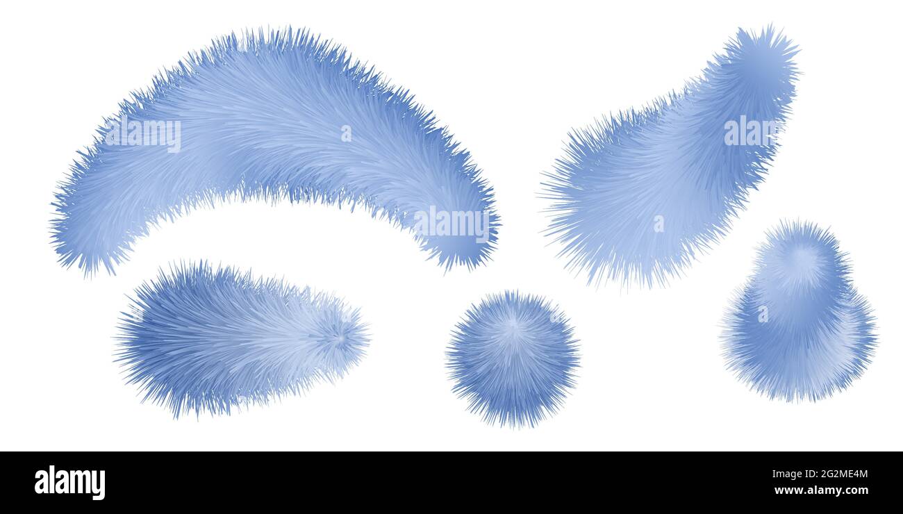 Fur blue pompom and brush set. Fluffy furry texture, set of various shapes isolated on white background. Vector illustration Stock Vector