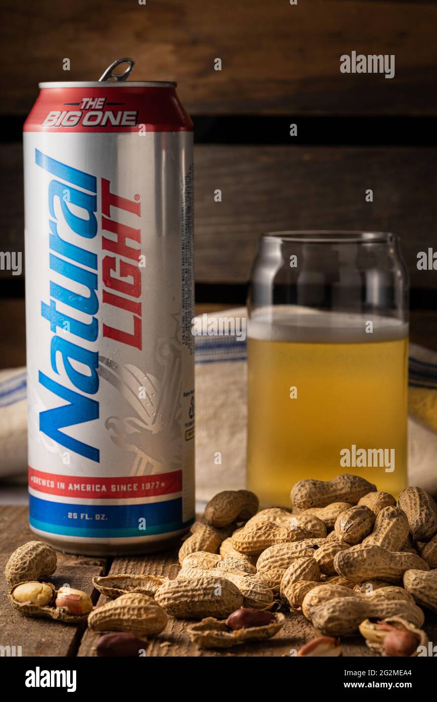 Natural Light beer, tall can with peanuts. Stock Photo