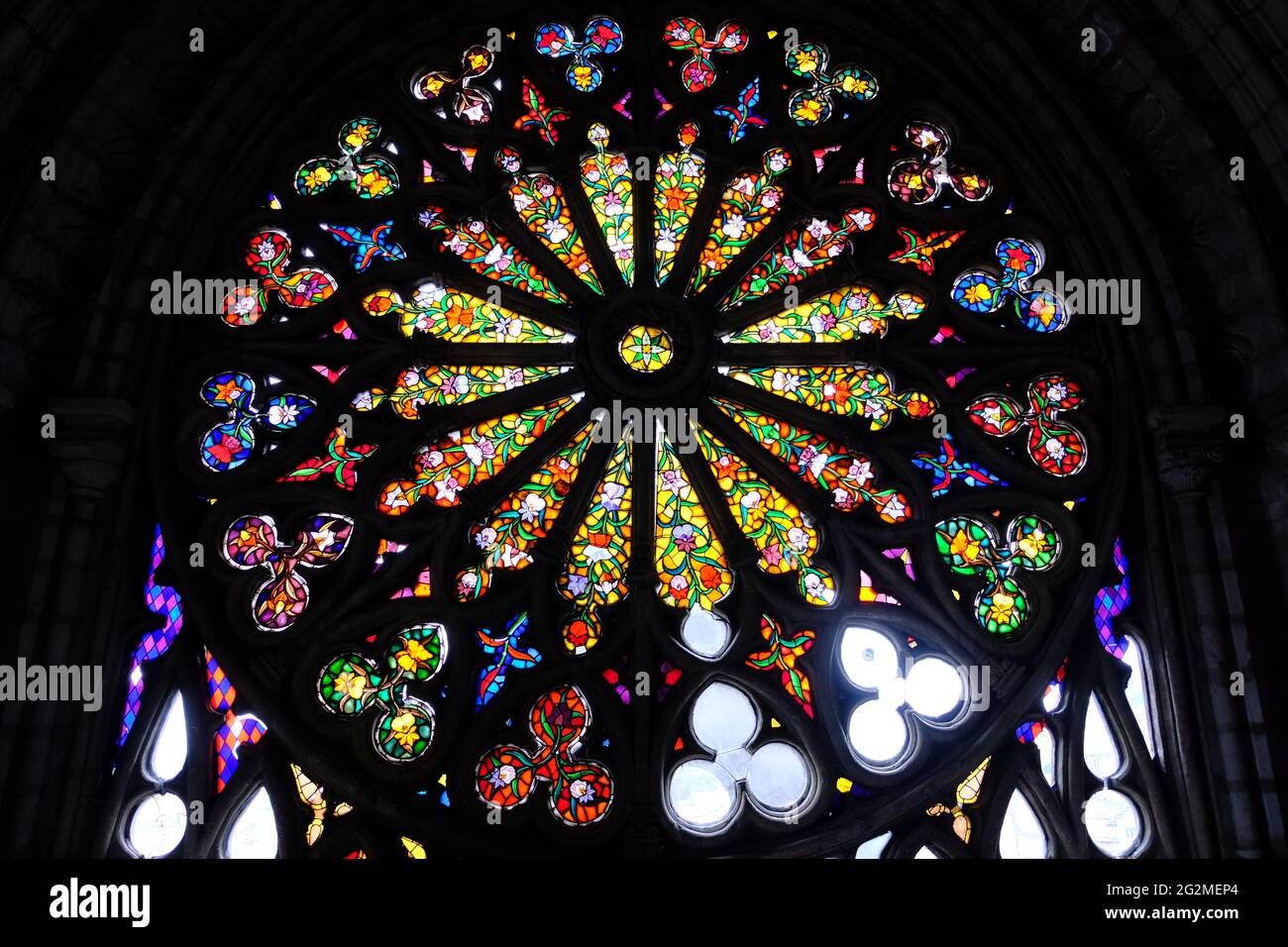 Ecuador Quito - Church Basilica of the National Vow - Stained Glass Mosaic Rose window Stock Photo