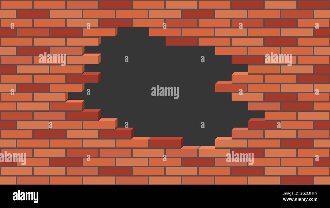 Broken brick wall with a hole. 3d isometric view, red brick stone wall destroyed, building ruins. Slat style, vector illustration Stock Vector