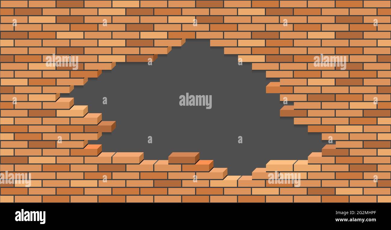 Broken brick wall with hole. 3D Isometric view. Brick stone wall of building or house destroyed. Flat vector illustration. Stock Vector