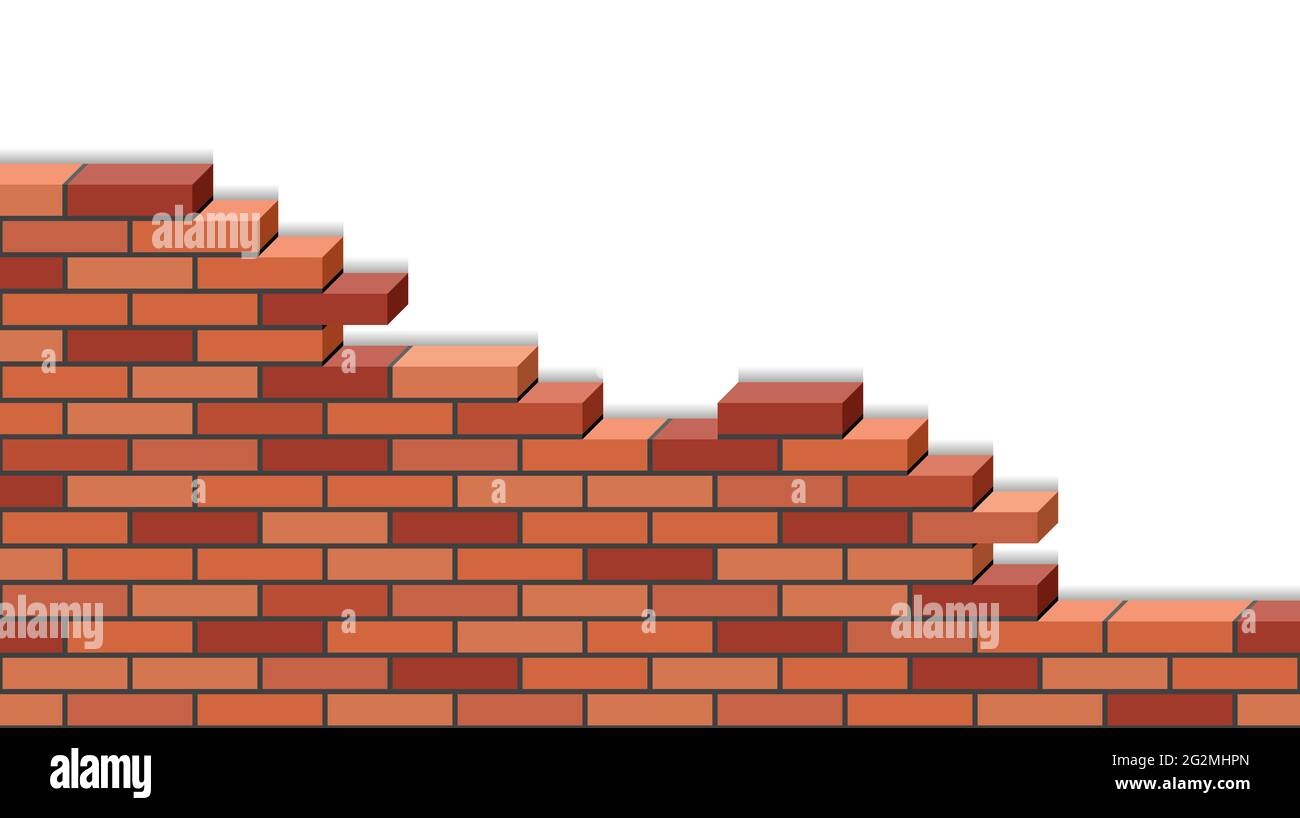 3d Brick wall broken isolated on white background. Red isometric bricks, stonewall  of destroyed building or fence. Flat design, background for cartoo Stock Vector