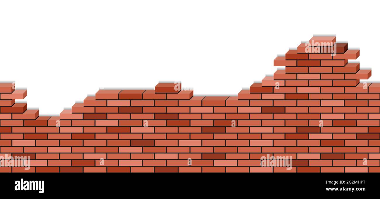 Brick wall broken, 3d view. Red brick texturel  seamless pattern for cartoon or game background of  building or house demolition. Vector illustration Stock Vector