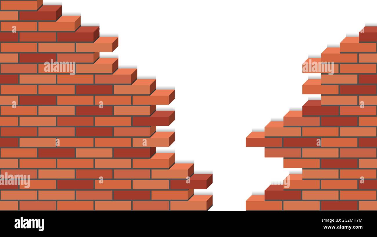 Broken Brick wakk, 3D isometric view. Destroyed red brick stone wall of building, isolated on white background. Flat design style. Vector illustration Stock Vector