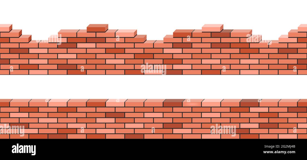 Brick walls 3d view, set of seamless pattern for background. Red brick stacked. Broken or demolited building wall isolated. Vector illustration. Stock Vector