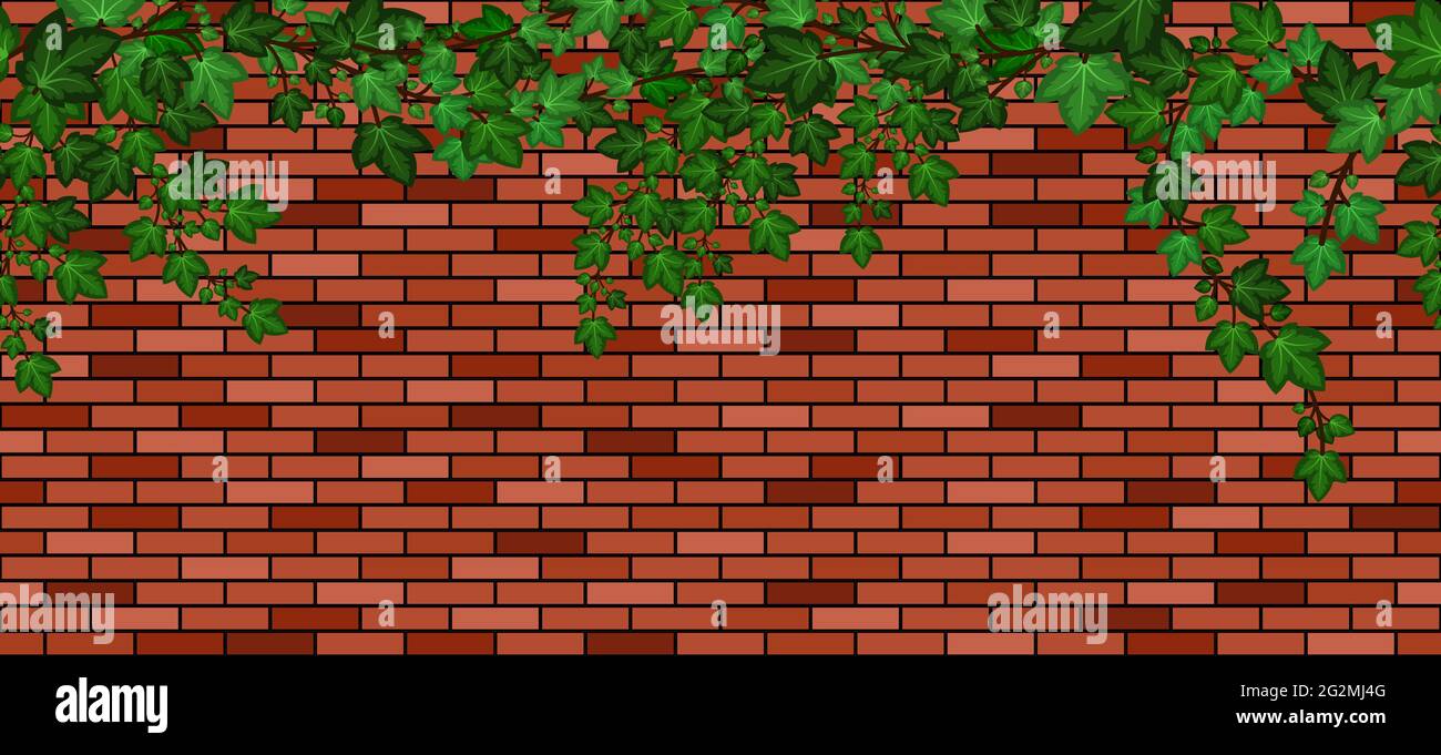 Ivy on brick wall. Green ivy leaves climbing, red brick texture. Seamless repeat pattern. Building or house exterior background with garden foliage. V Stock Vector