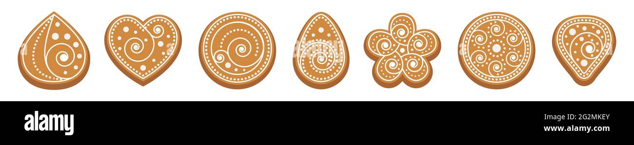 Ginger bread cookies. Set of biscuits with white icing. Figured geometric shapes, heart, flower, circle, drop, ornate with spiral pattern. Christmas t Stock Vector