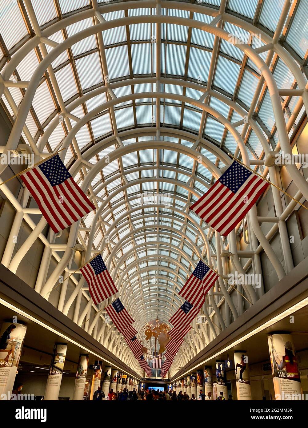All American flags hanging in the Hall of Flags in Terminal 3 at Chicago O'Hare International