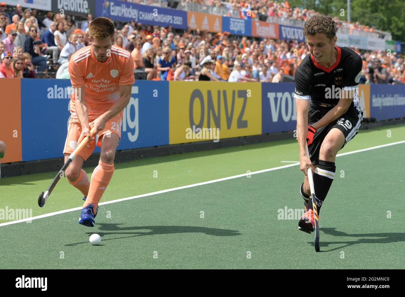 AMSTELVEEN, NETHERLANDS - JUNE 12: Thierry Brinkman of the Netherlands, Johannes Grosse of Germany during the Euro Hockey Championships Men match between Germany and Netherlands at Wagener Stadion on June 12, 2021 in Amstelveen, Netherlands (Photo by Gerrit van Keulen/Orange Pictures) Stock Photo
