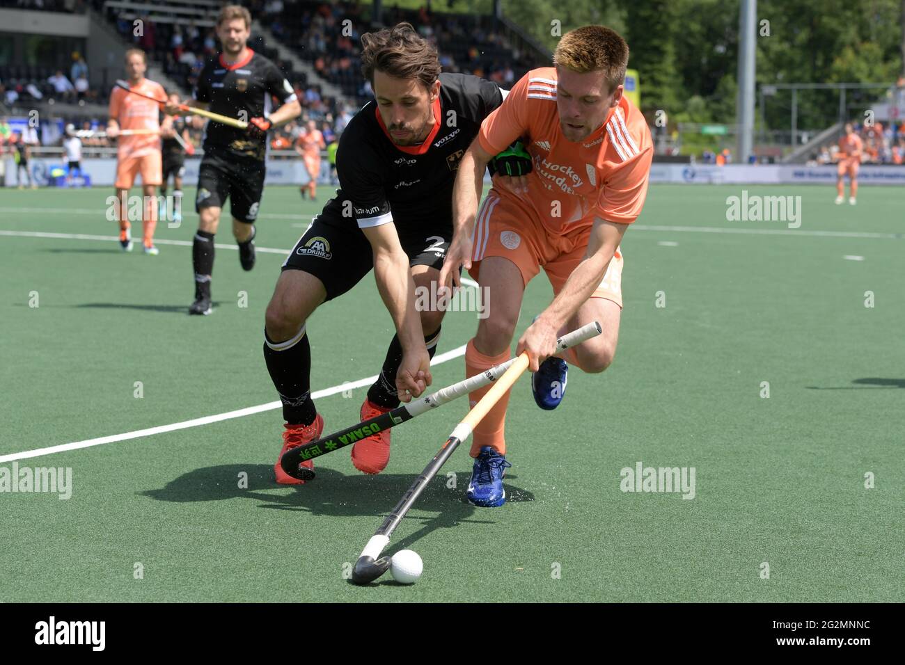 AMSTELVEEN, NETHERLANDS - JUNE 12: Benedikt Furk of Germany, Thierry Brinkman of the Netherlands during the Euro Hockey Championships Men match between Germany and Netherlands at Wagener Stadion on June 12, 2021 in Amstelveen, Netherlands (Photo by Gerrit van Keulen/Orange Pictures) Stock Photo