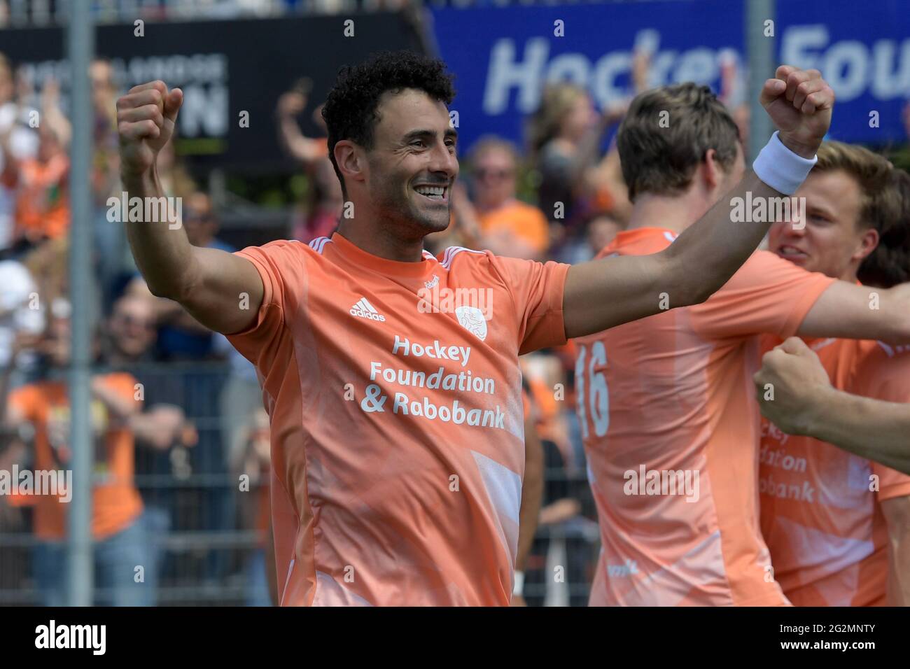 AMSTELVEEN, NETHERLANDS - JUNE 12: Glenn Schuurman of the Netherlands celebrating during the Euro Hockey Championships Men match between Germany and Netherlands at Wagener Stadion on June 12, 2021 in Amstelveen, Netherlands (Photo by Gerrit van Keulen/Orange Pictures) Stock Photo