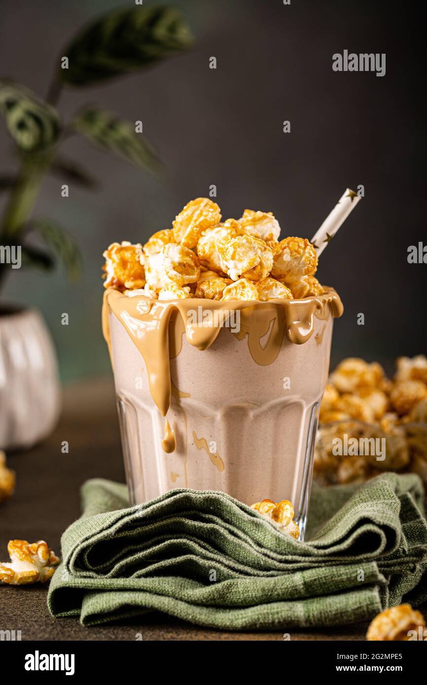 Popcorn milkshake with sea salt caramel Stock Photo