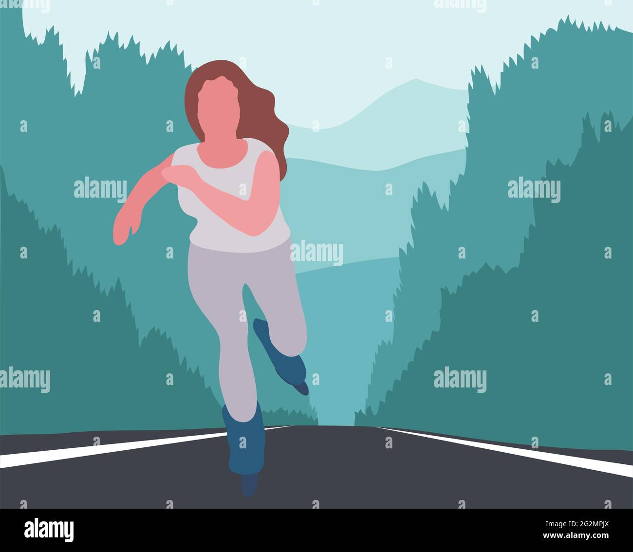 Skating very fast young woman on road flat style illustration Stock Vector