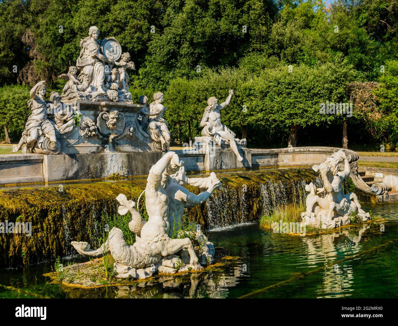 Impressive view of the fountain of Ceres, magnificent sculptural composition made using Carrara marble and travertine, Royal Palace of Caserta, Italy Stock Photo