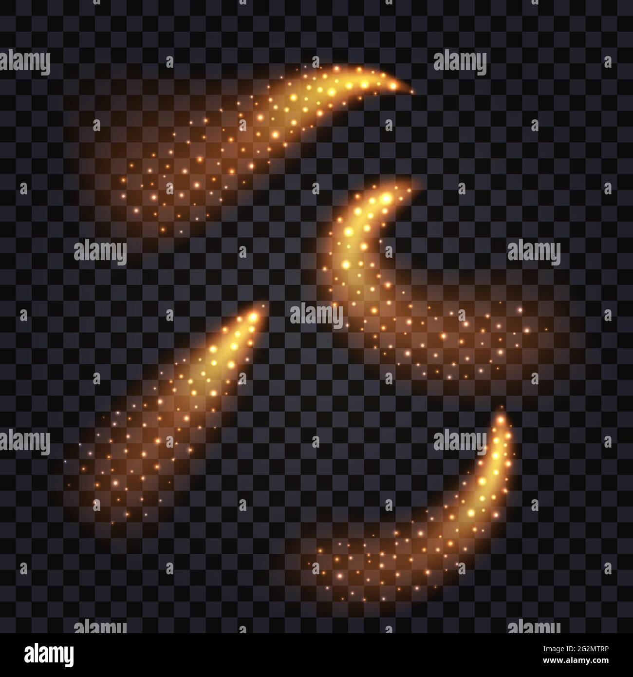 Fire trails, set of swirls with glowing light effect isolated on t5ransparent background siwth shiny sparkles. Comest or meteors in motion. Vector ill Stock Vector
