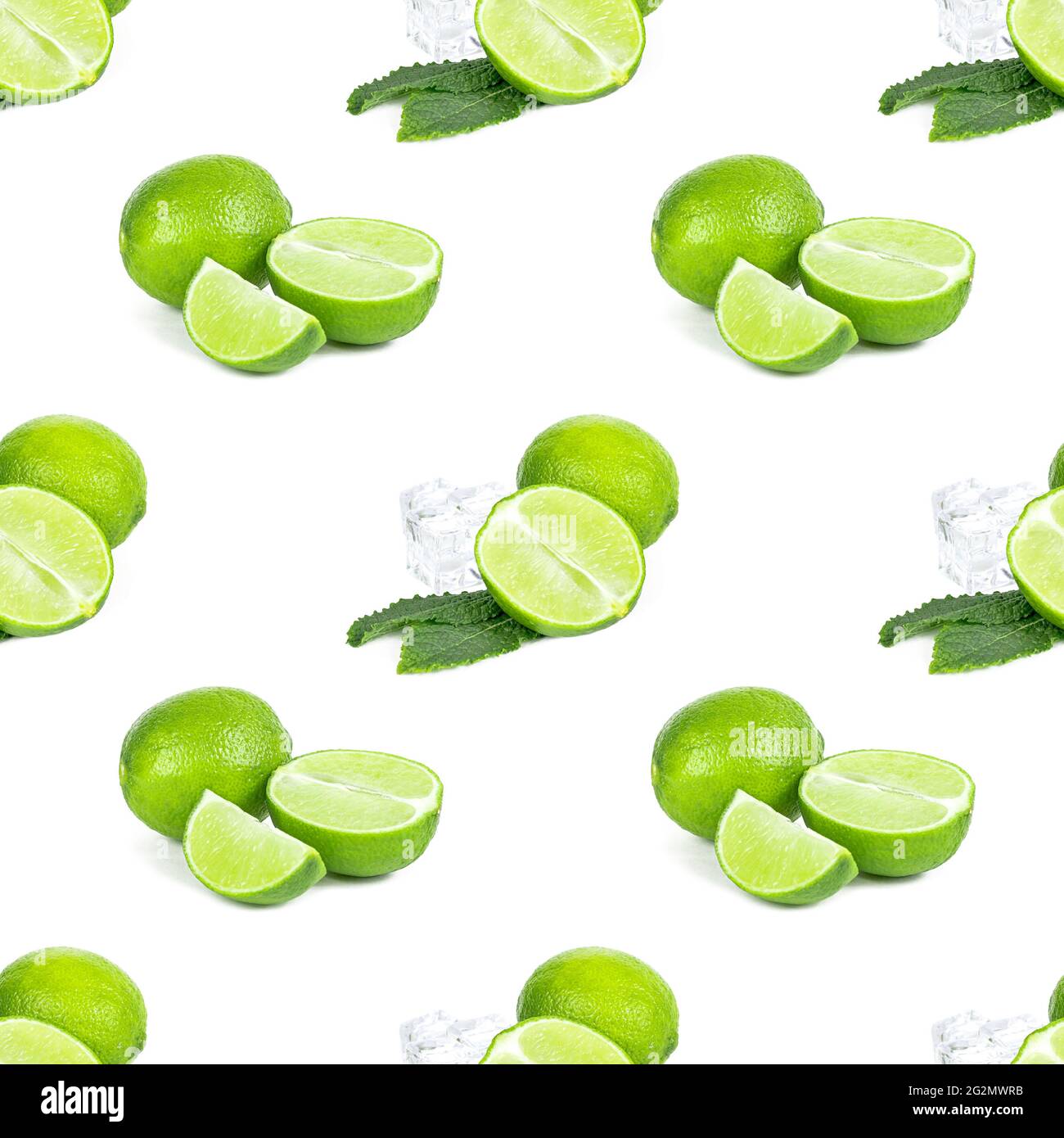 Green limes and lime slices repeat seamless pattern on white background. Stock Photo