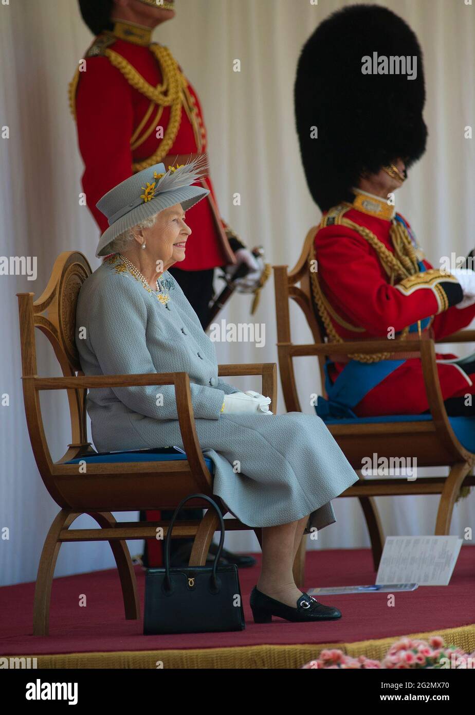 Queen Elizabeth II alongside the Duke of Kent during a ceremony at Windsor Castle in Berkshire to mark her official birthday. Picture date: Saturday June 12, 2021. Stock Photo