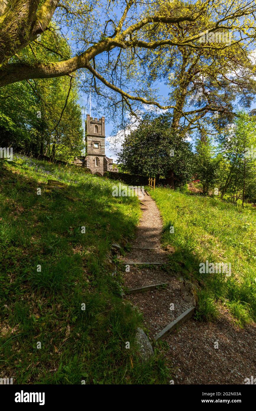 The path through Dora's Field leading to St Mary's Church at Rydal in the Lake District, England Stock Photo