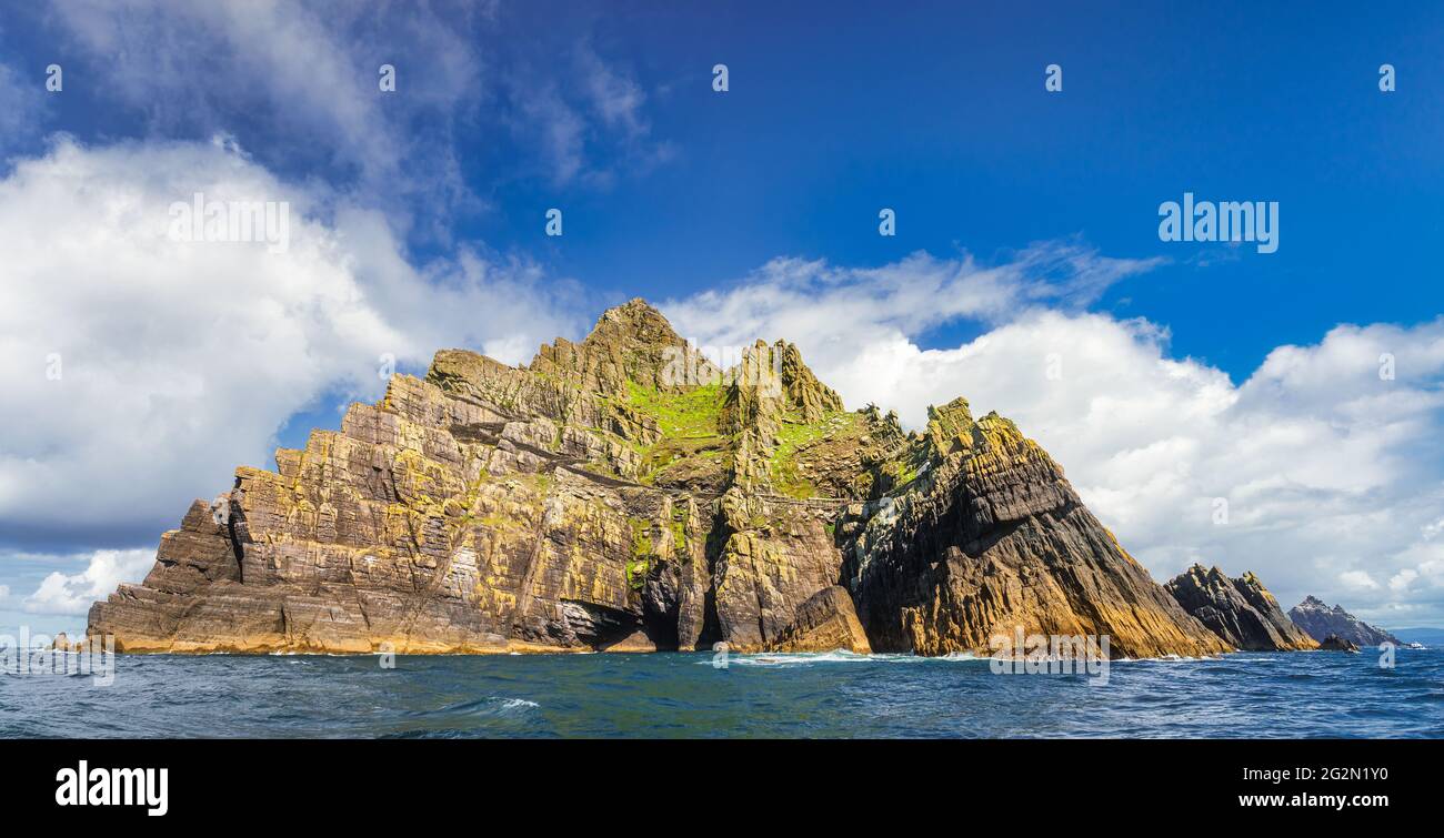 Panorama of entire Skellig Michael island with Little Skellig in background. Star Wars film