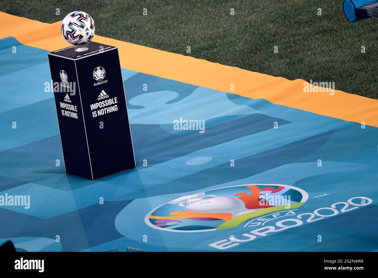 Roma, Italy. 11th June, 2021. The official ball and the competition logo  are seen during the Uefa Euro 2020 Group stage - Group A football match  between Turkey and Italy at stadio