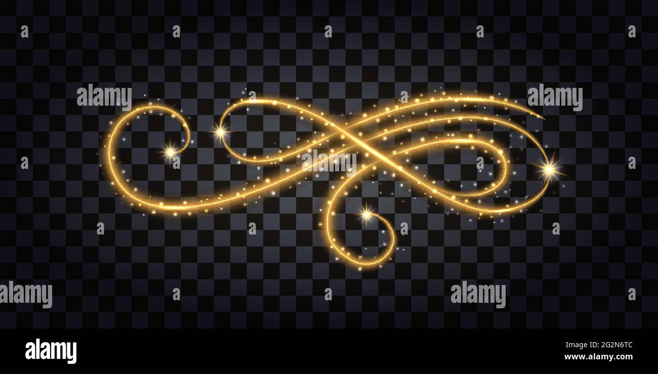 Gold glitter flourish. Design element isolated sith golden glow effect, sparkles and neon shine. Vector illustration Stock Vector