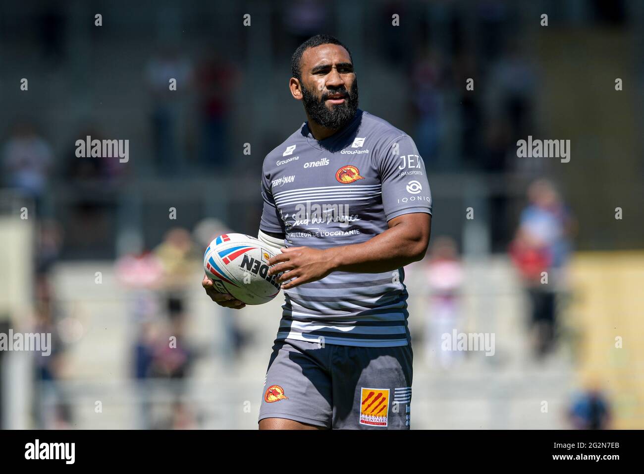 Samisoni Langi (3) of Catalans Dragons in action  in Leigh, United Kingdom on 6/12/2021. (Photo by Simon Whitehead/News Images/Sipa USA) Stock Photo