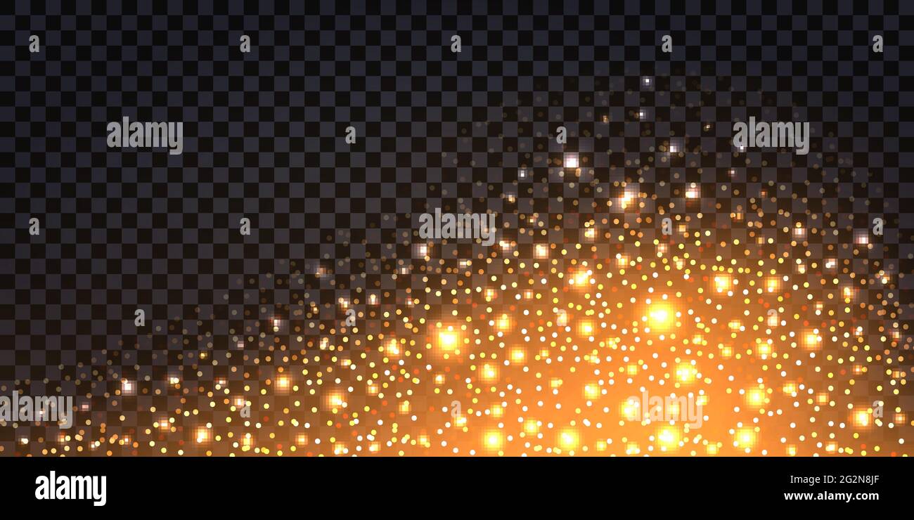 Golden glitter sparkles and glowing luminous stardust on dark transparent background. Flying shiny Christmas sparks with shimmer light effect, luxury Stock Vector