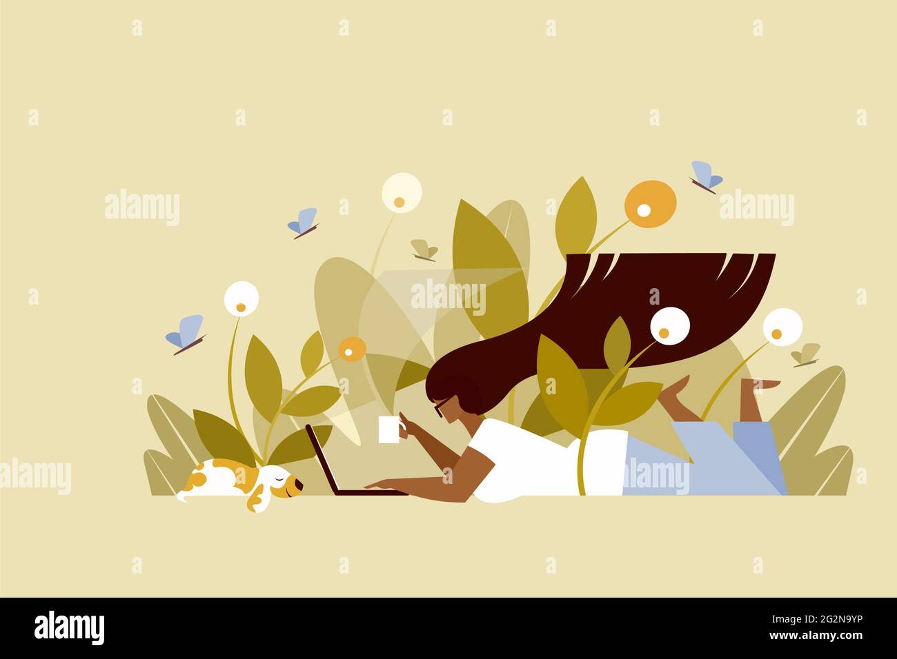 Illustration of a young woman using laptop in a beautiful outdoor location Stock Vector
