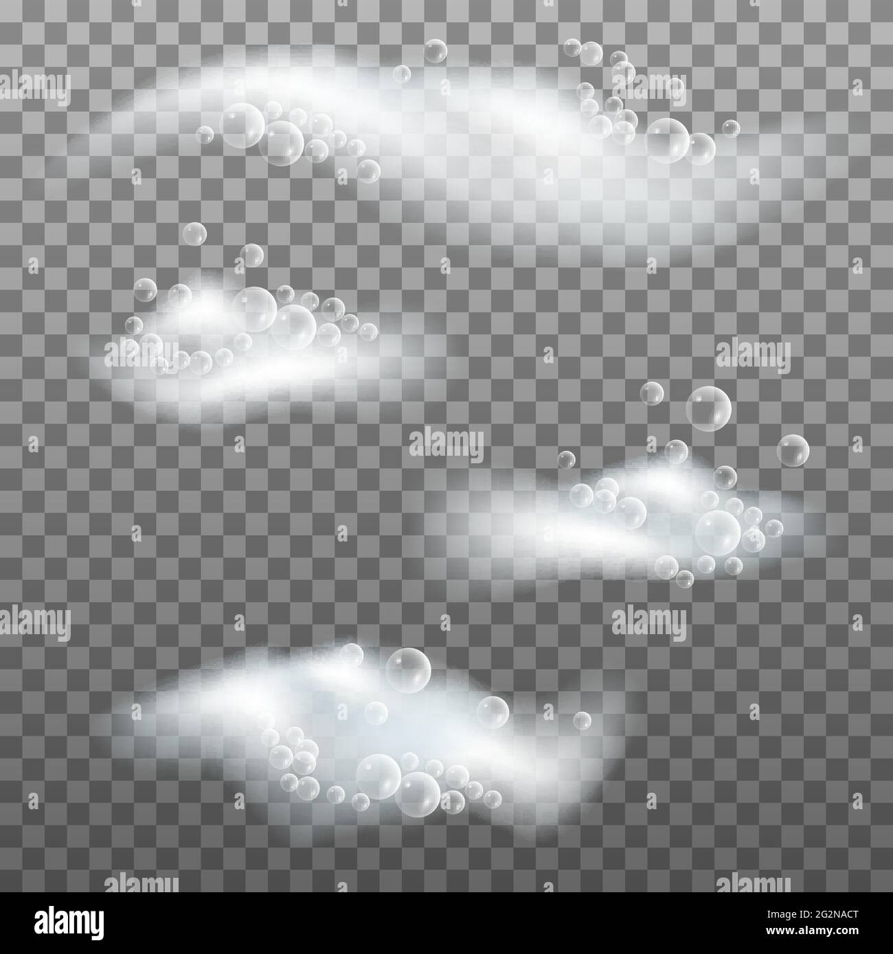 Soap foam with bubbles. Bath lather, set of isolated elements on transparent background. Vector illustration Stock Vector