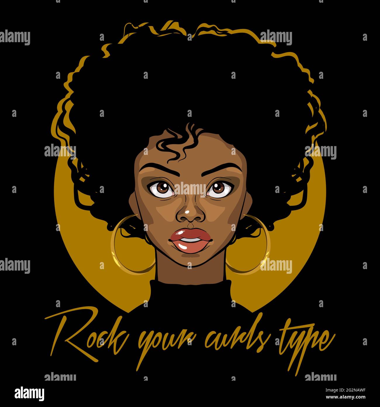 Cartoon vector portrait of an Afro American girl with curly hair, big eyes and golden earrings. Fashion Illustration on black background. Stock Vector