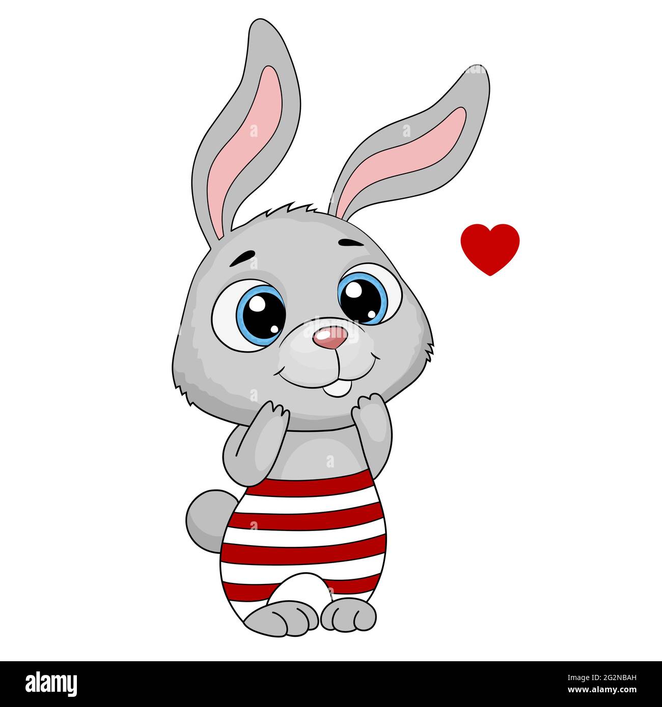 Cute cartoon rabbit with a heart. Easter bunny in striped pants
