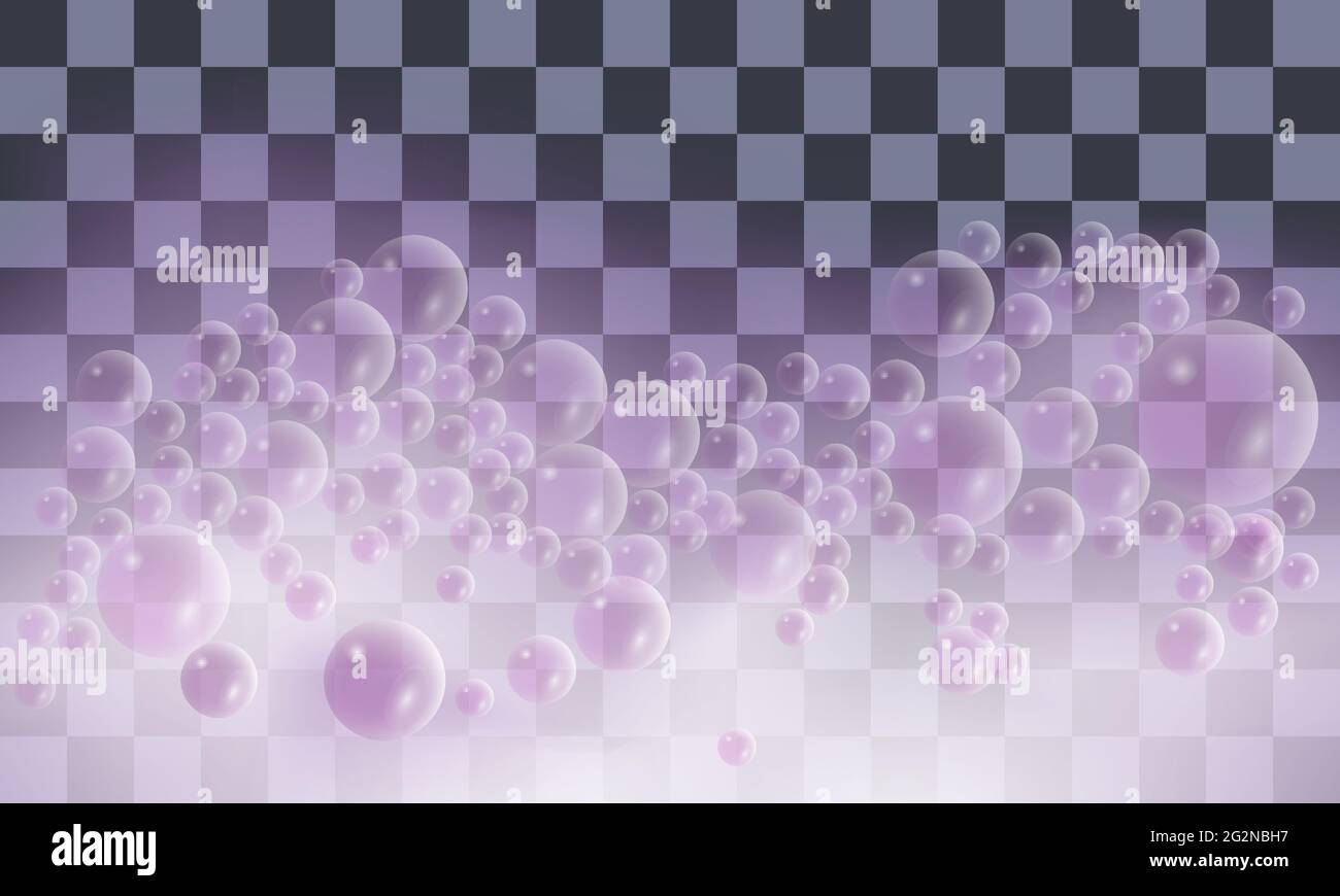 Soap foam with bubbles. Pink foam isolated on transparent background. Vector illustration Stock Vector