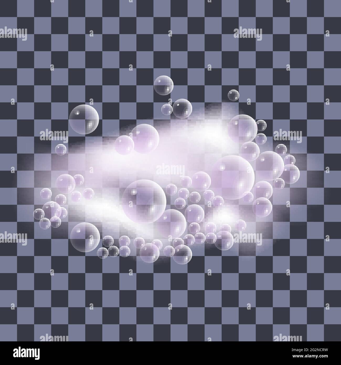 Soap foam with bubbles. Pink  shampoo bath lather on transparent background. Vector illustration Stock Vector