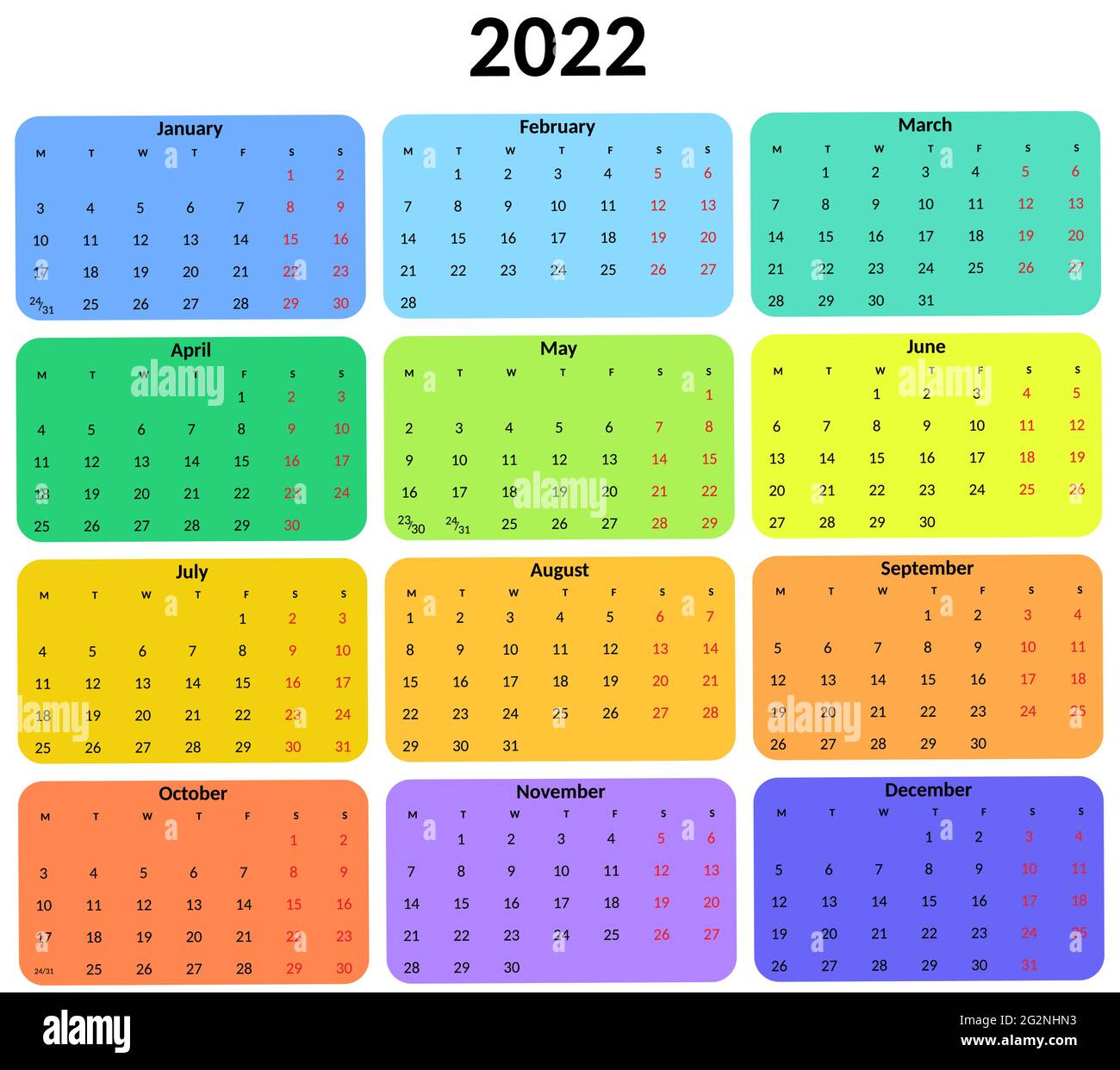 Full Year Calendar 2022 Calendar 2022 Year. Vector Design Colorful Template On White Background For  Organization And Business. Week Starts Monday Stock Vector Image & Art -  Alamy