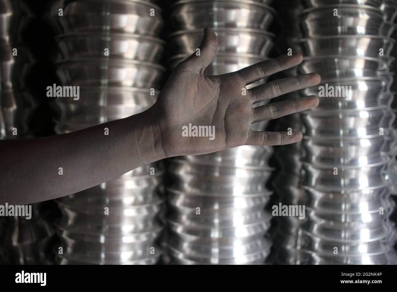 June 12 21 Dhaka Dhaka Bangladesh Md Mahfuz 13 Year Old Child Labor Who Works In A Silver Cooking Pot Manufacturing Factory He Shows Off His Oil Smeared Hands At The End