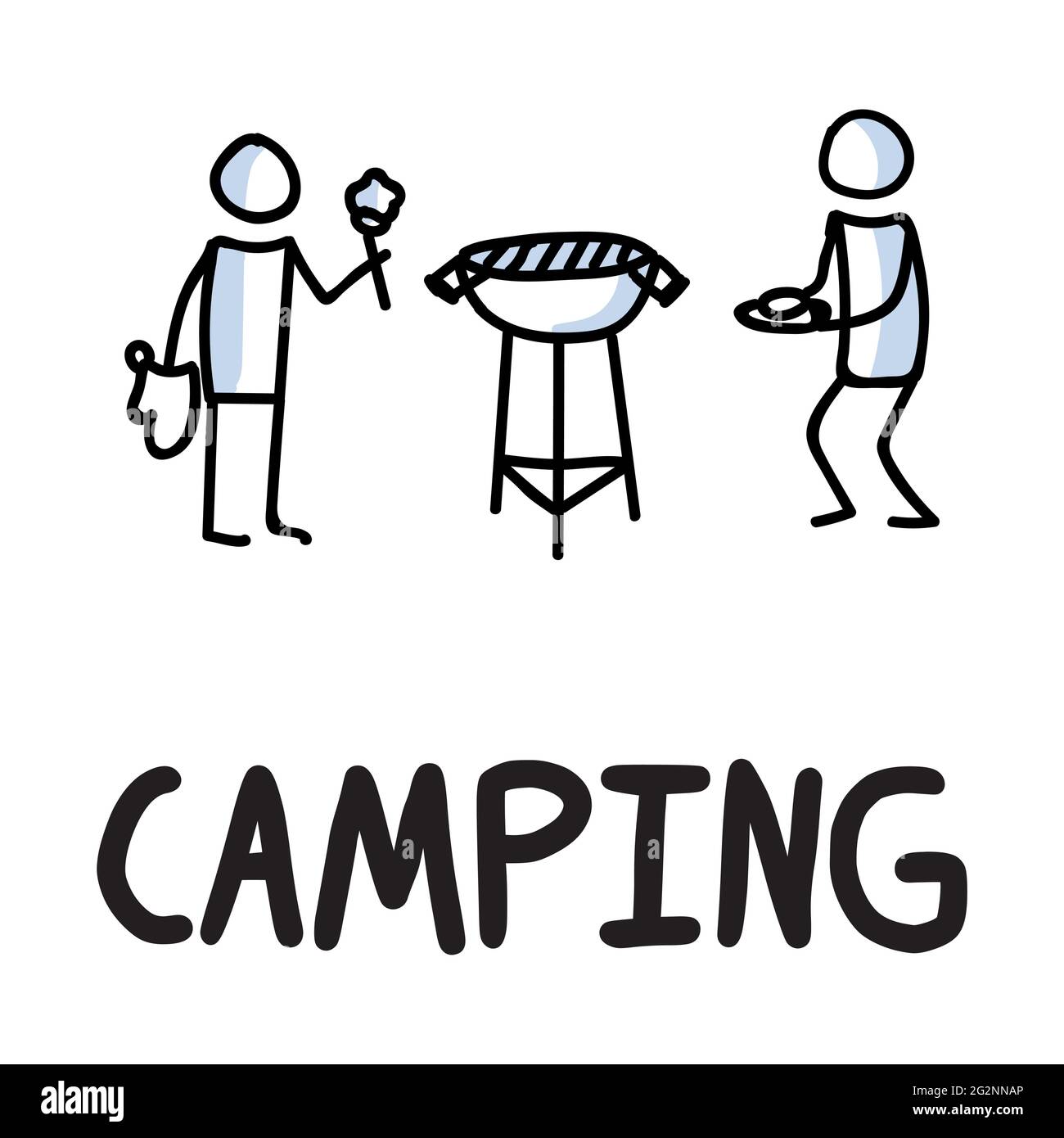 Stick figures icon of outdoor camping. Holiday pictogram with text