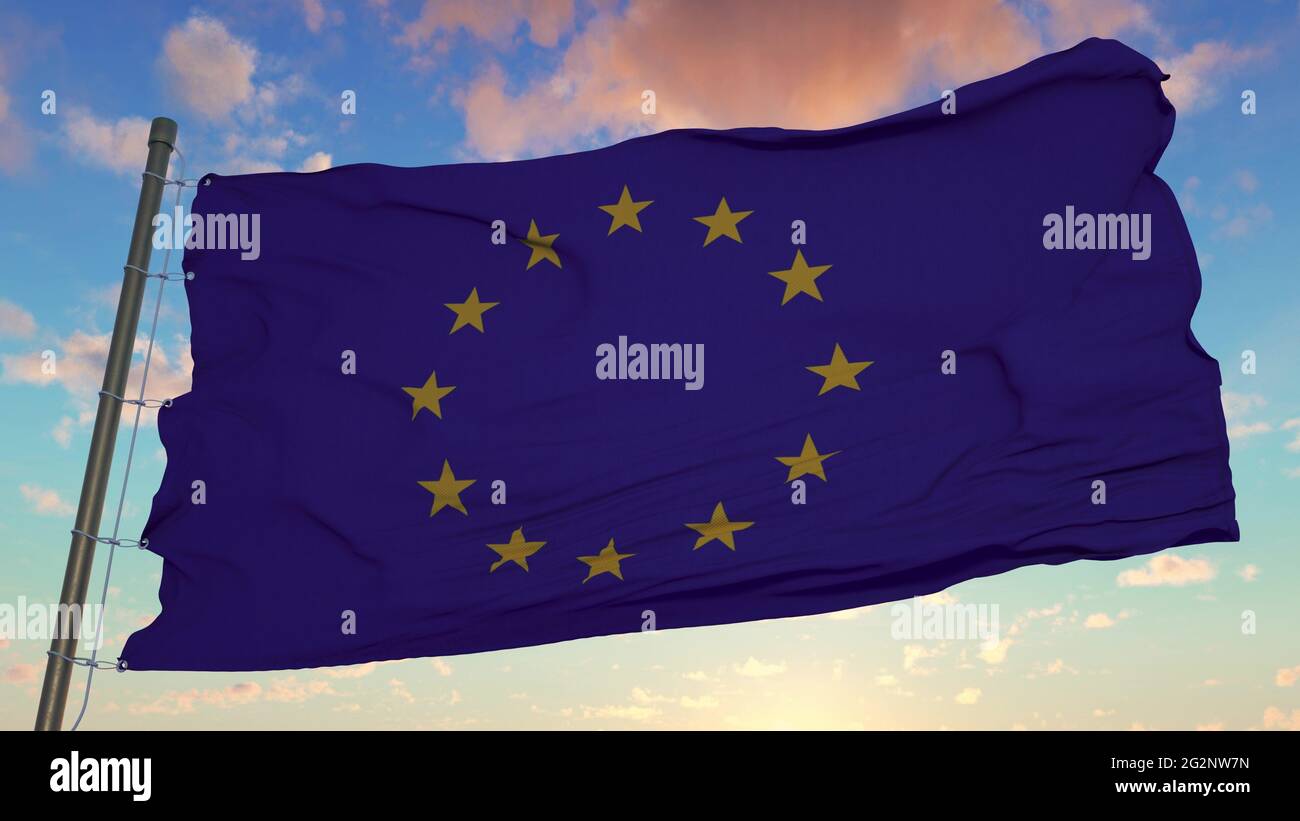 European Union flag on flagpole. Flag of European Union waving in wind ...