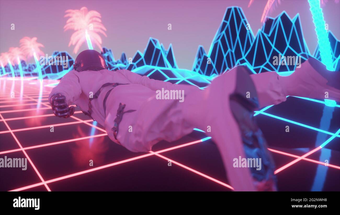 Retro 80s style synthwave background. Astronaut surrounded by 