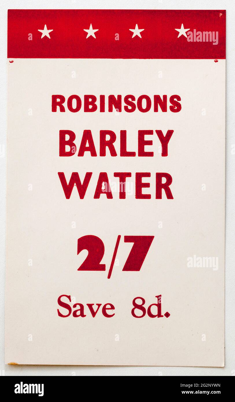 Vinatge 1960s Shop Advertising Price Display Card - Robinsons Barley Water Stock Photo