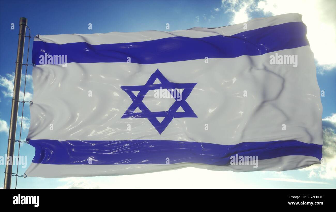 The national flag of Israel waving in the wind, blue sky background. 3d ...