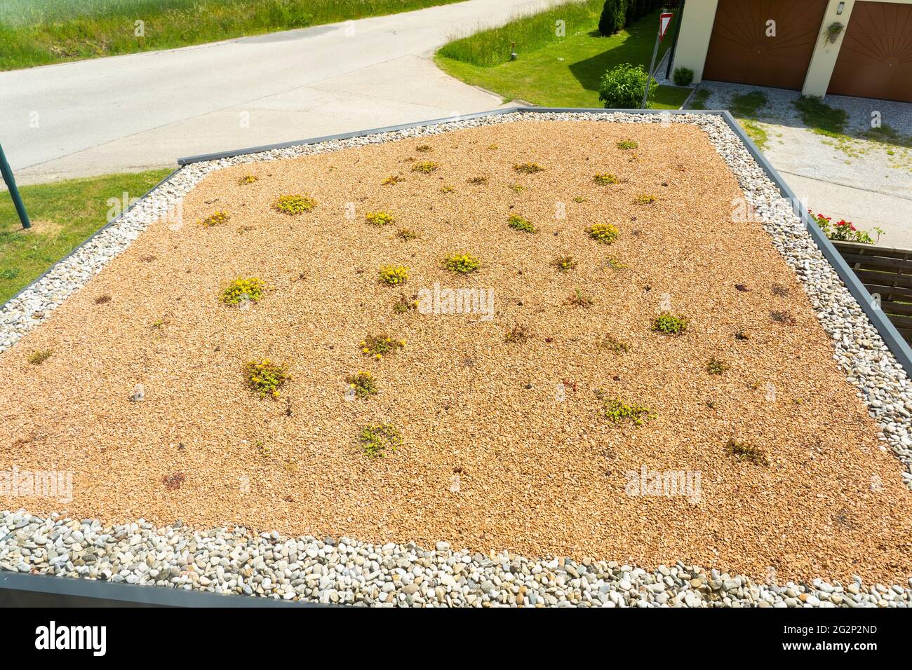 A green roof on a building used for rainwater capture to use for flushing toilets within a house. Lower Austria, Austria Stock Photo