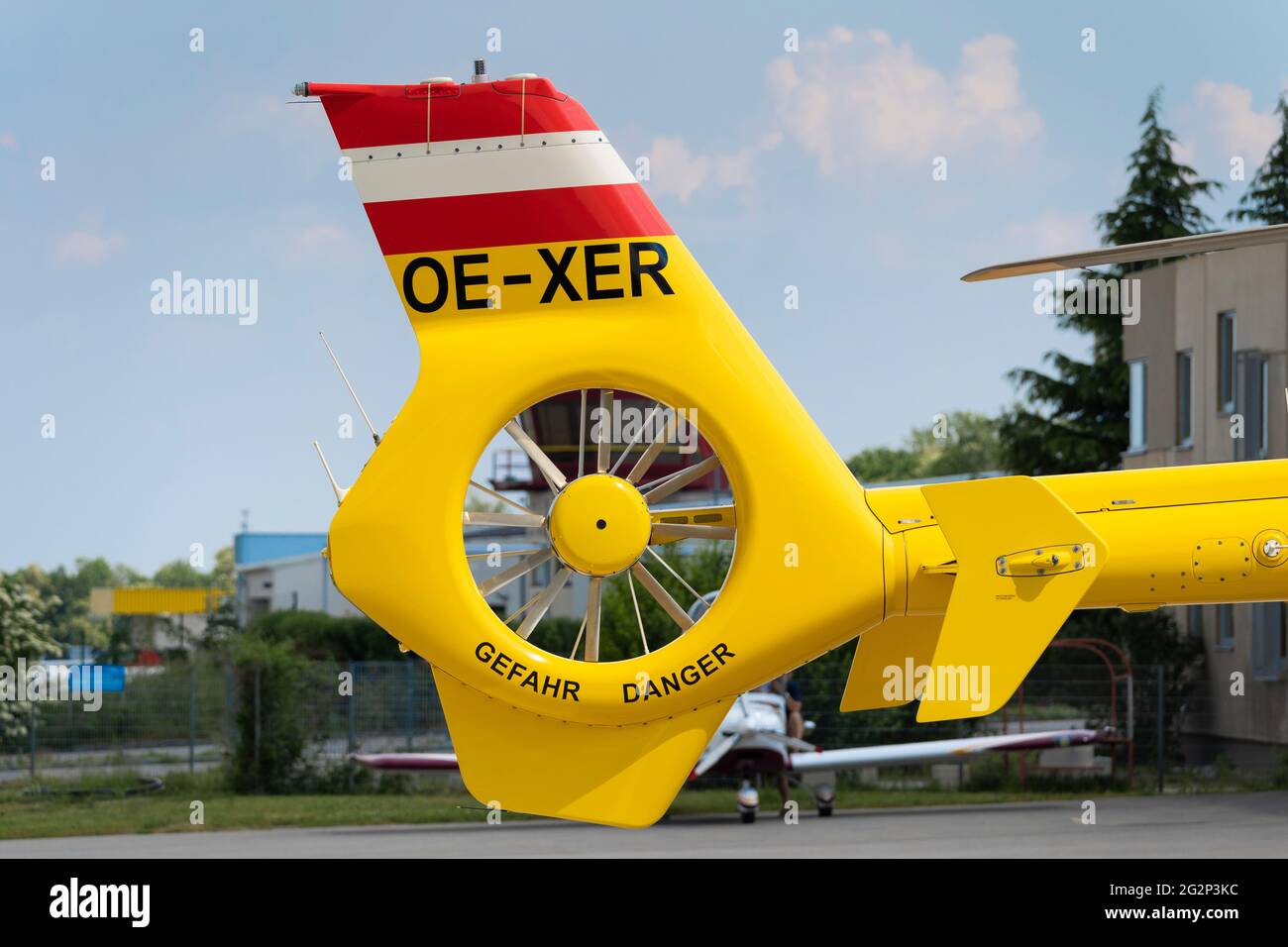 A tail rotor detail from the ÖAMTC-Flugrettung Christophorus 2 - an emergency medical helicopter operating from Gneixendorf airfield, Lower Austria Stock Photo